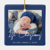 Foto Baby's Eerste Kerstmarineblauw Wit Keramisch Ornament (Achterkant)