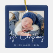 Foto Baby's Eerste Kerstmarineblauw Wit Keramisch Ornament (Voorkant)