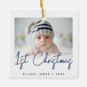 Foto Baby's Eerste Kerstmis Navy Blauwe Script Keramisch Ornament (Voorkant)