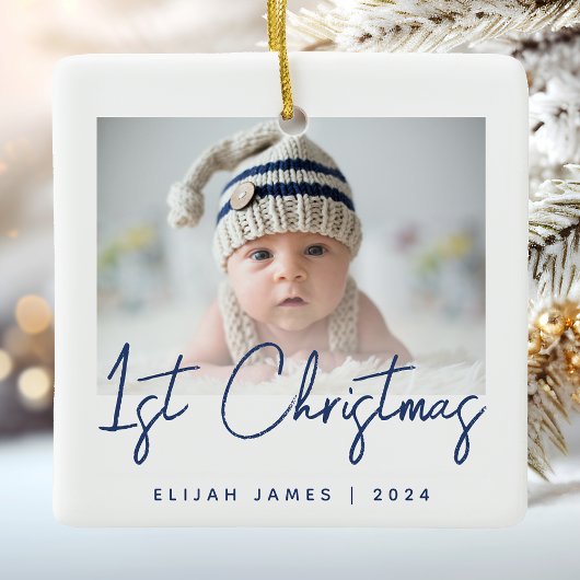 Foto Baby's Eerste Kerstmis Navy Blauwe Script Keramisch Ornament