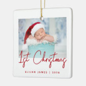Foto Baby's Eerste Kerstmis Rode Script Keramiek Keramisch Ornament (Links)