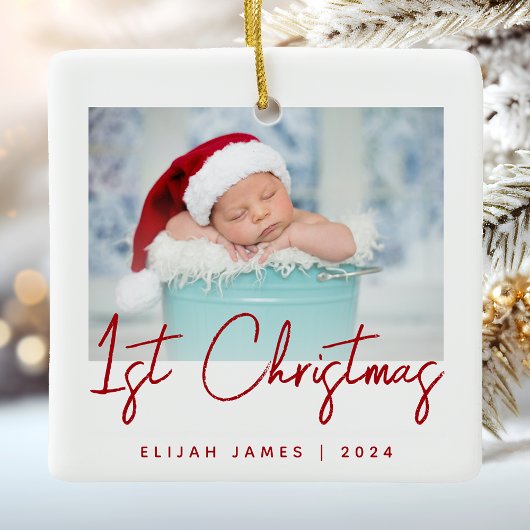 Foto Baby's Eerste Kerstmis Rode Script Keramiek Keramisch Ornament