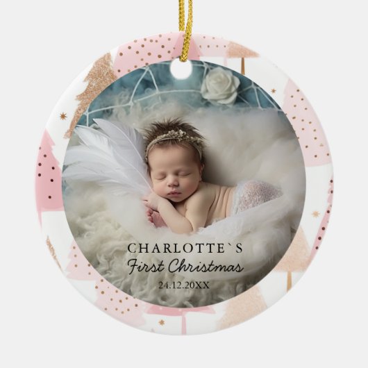 Foto Baby's First Christmas - Roze kerstboom Keramisch Ornament (Voorkant)