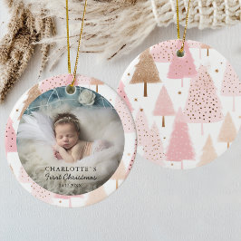 Foto Baby's First Christmas - Roze kerstboom Keramisch Ornament