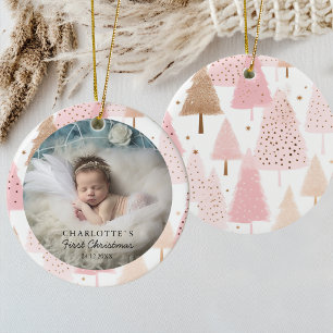 Foto Baby's First Christmas - Roze kerstboom Keramisch Ornament