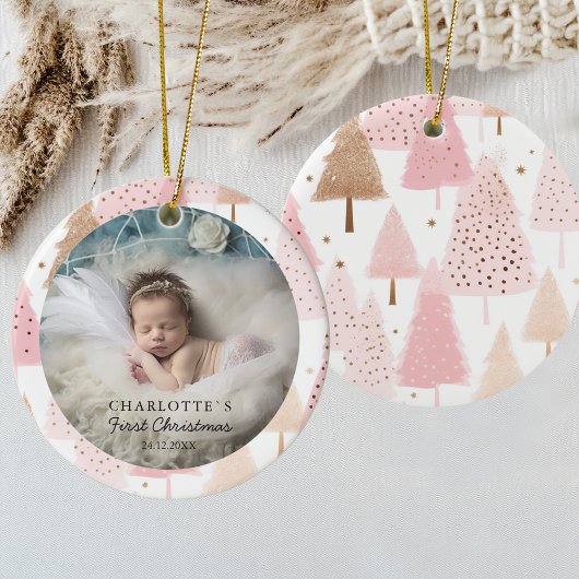 Foto Baby's First Christmas - Roze kerstboom Keramisch Ornament