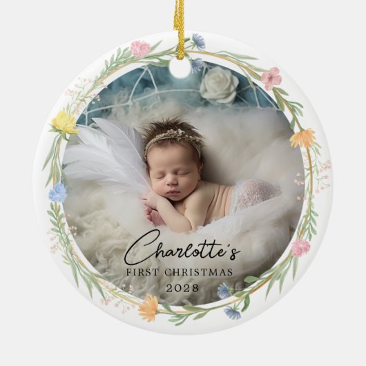 Foto Baby's First Christmas - Schattigee bloemenkr Keramisch Ornament (Achterkant)