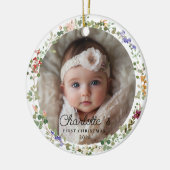 Foto Baby's First Christmas - Schattigee bloemenkr Keramisch Ornament (Links)