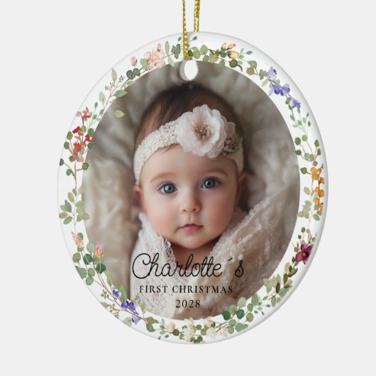 Foto Baby's First Christmas - Schattigee bloemenkr Keramisch Ornament (Links)