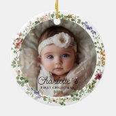 Foto Baby's First Christmas - Schattigee bloemenkr Keramisch Ornament (Achterkant)