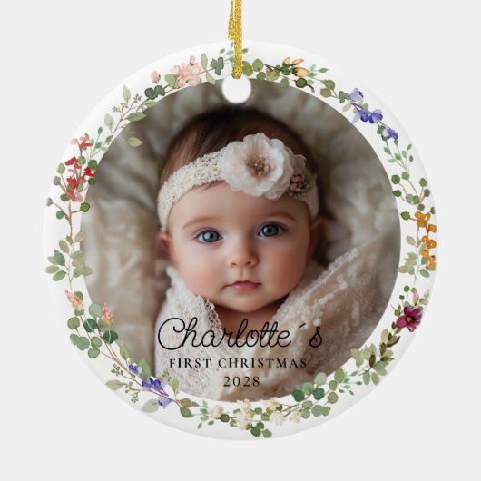 Foto Baby's First Christmas - Schattigee bloemenkr Keramisch Ornament (Achterkant)