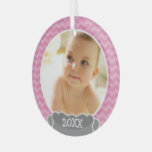 Foto Babys First Kerstmis - roze chevrons grijs Glas Ornament (Voorkant links)