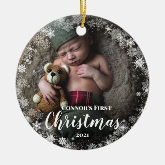 Foto Baby's Name First Kerstmis Snowflake Lijst Keramisch Ornament (Voorkant)