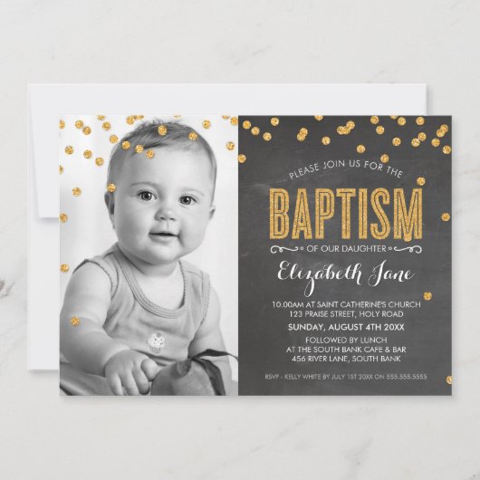 FOTO BAPTISM Gold glitter confetti chalkboard Kaart (Voorkant)