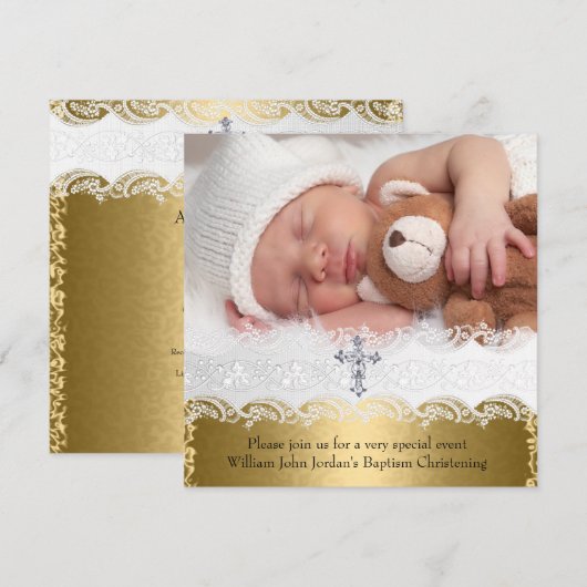 Foto: Baptism Gold Lace Cross Baby Boy Girl Kaart (Voorkant / Achterkant)