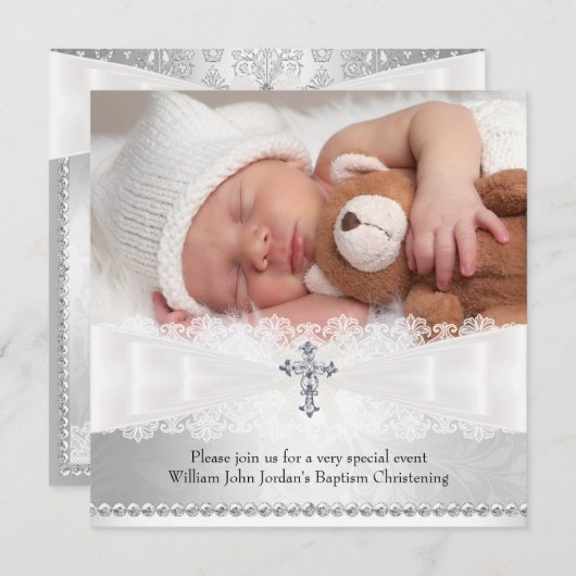 Foto: Baptism White & Silver Cross Invitation Kaart (Voorkant / Achterkant)