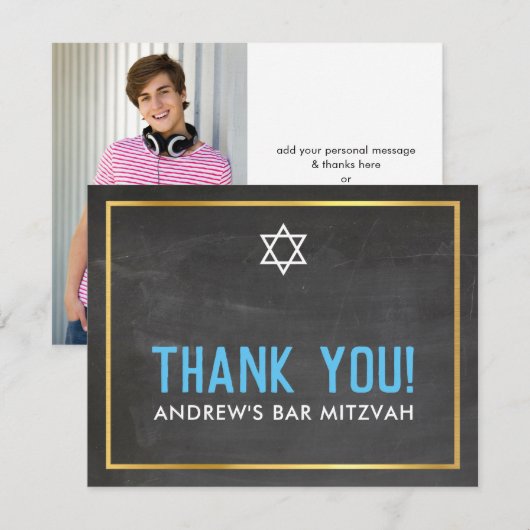 FOTO BAR MITZVAH smart bold dank u grijs aqua Bedankkaart (Voorkant / Achterkant)