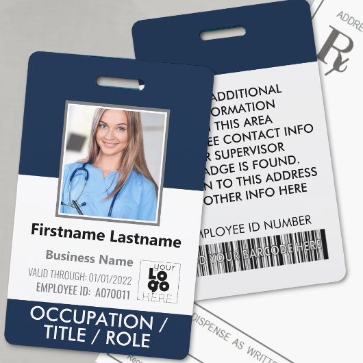 Foto, Barcode, Naam en Logo Navy Blue ID Badge