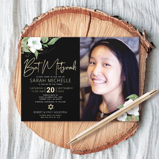 Foto: Bat Mitzvah Black Gold Floral Waterverf Kaart