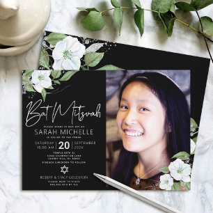 Foto: Bat Mitzvah Black Silver Floral Waterverf Kaart