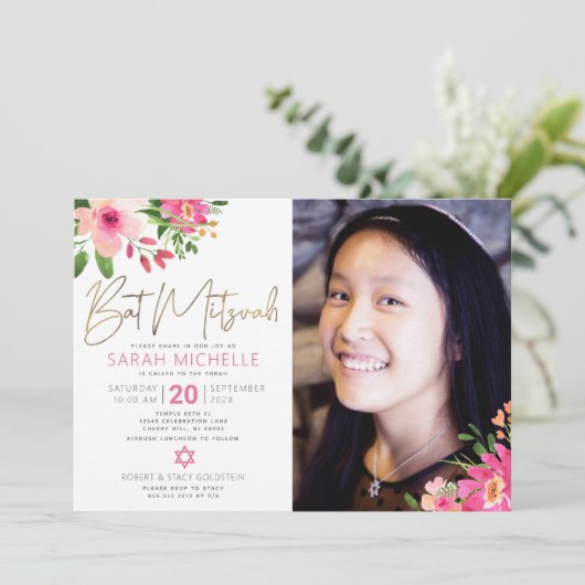 Foto Bat Mitzvah Bloemen Waterverf Goud Script Kaart (Staand voorkant)