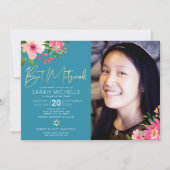 Foto: Bat Mitzvah Blue Floral Waterverf Script Kaart (Voorkant)