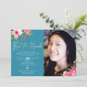 Foto: Bat Mitzvah Blue Floral Waterverf Script Kaart (Staand voorkant)