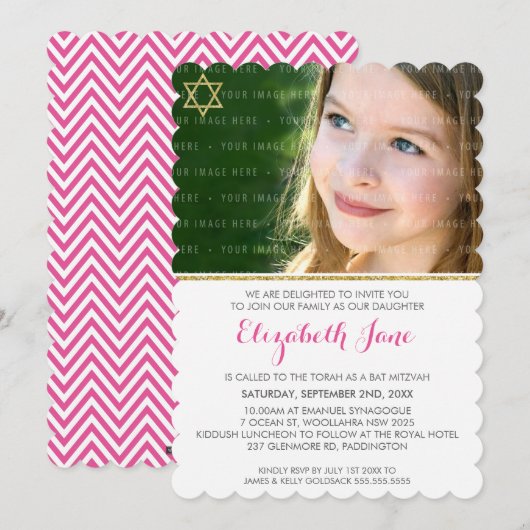 FOTO BAT MITZVAH chevron streep goud glitter roze Kaart (Voorkant / Achterkant)