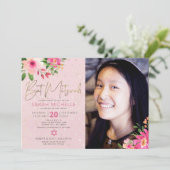 Foto Bat Mitzvah Roze Bloemen Waterverf Script Kaart (Staand voorkant)