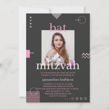 Foto Bat Mitzvah Uitnodiging Roze Zwart Modern