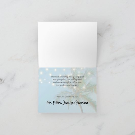 Foto Beach Palms String Lights Weddenschap Harteli Bedankkaart (Binnen)