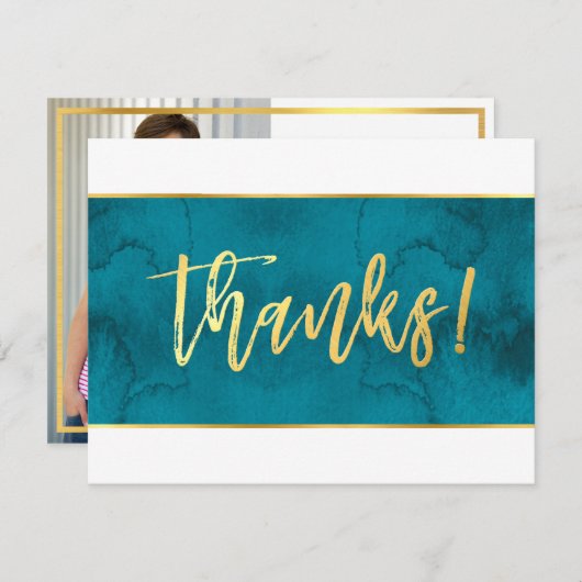 FOTO BEDANKT Modern blauwgroen blauw gouden script (Voorkant / Achterkant)