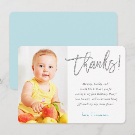 FOTO BEDANKT zilveren glitter script aqua (Voorkant / Achterkant)