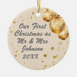 Foto Beige Goud Eerste Kerstmis Mr. Mrs Keramisch Ornament