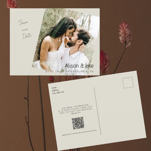 Foto Beige Save the date Huwelijk QR Code Briefkaart