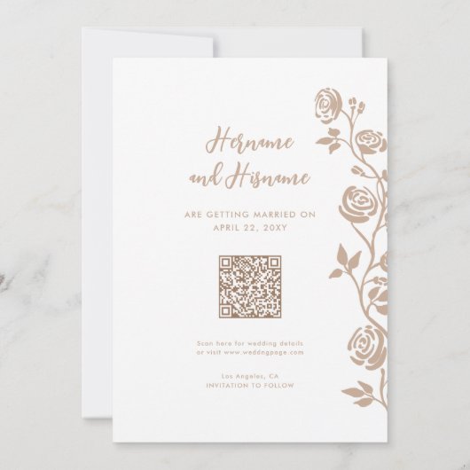 Foto Beige Zand Hand getrokken Rozen QR Code Websi Save The Date (Achterkant)