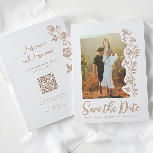 Foto Beige Zand Hand getrokken Rozen QR Code Websi Save The Date