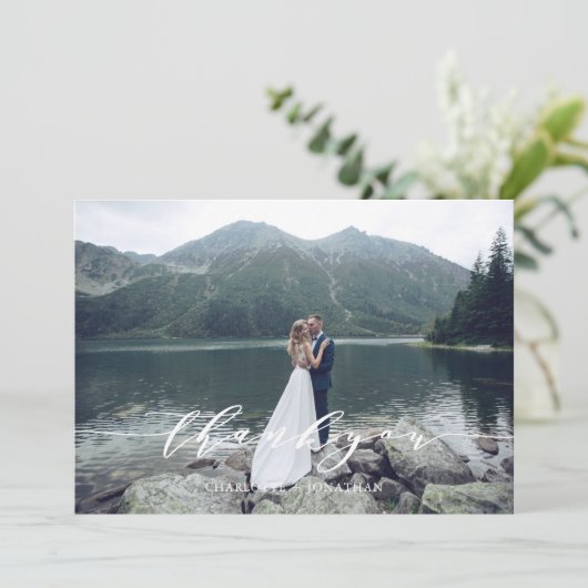 Foto berg bos bruiloft bedankkaart (Staand voorkant)