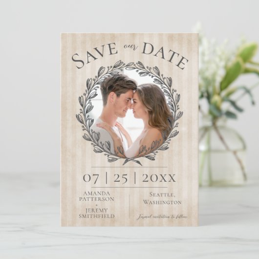 Foto Berry Wreath and Stripes | Beige Save The Date (Staand voorkant)