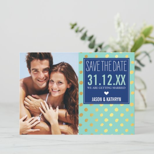 FOTO BESPAAR DATUM gouden folie polka dot marvy mi Kaart (Staand voorkant)