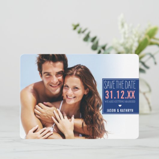 FOTO BESPAAR DE DATUM ombre angled stripe marine k Save The Date (Staand voorkant)