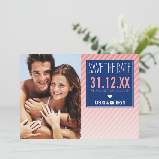 FOTO BESPAAR DE DATUM ombre angled stripe marine k Save The Date (Staand voorkant)