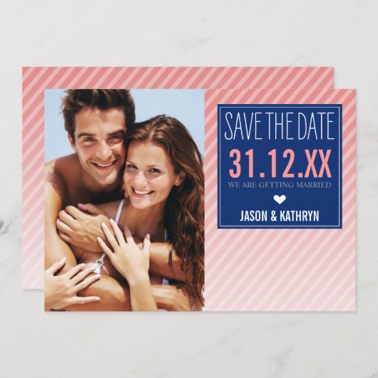 FOTO BESPAAR DE DATUM ombre angled stripe marine k Save The Date (Voorkant / Achterkant)