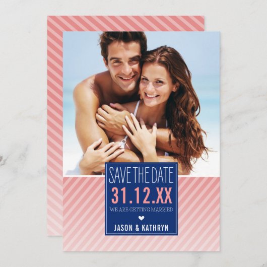 FOTO BESPAAR DE DATUM ombre angled stripe marine k Save The Date (Voorkant / Achterkant)