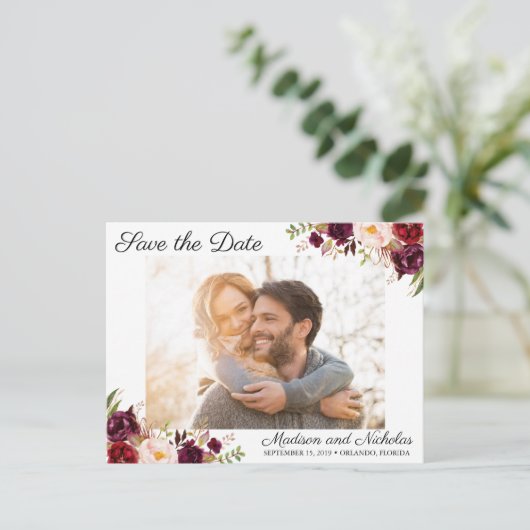 Foto Bewaar de datum Briefkaarten Marsala Pink Flo (Staand voorkant)