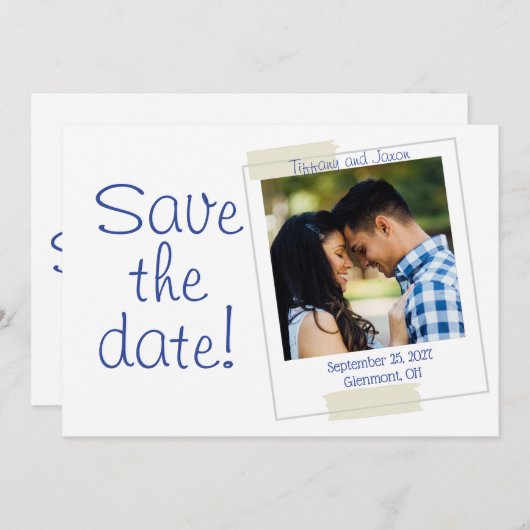 Foto Bewaar de datum in blauw en wit Kaart (Voorkant / Achterkant)