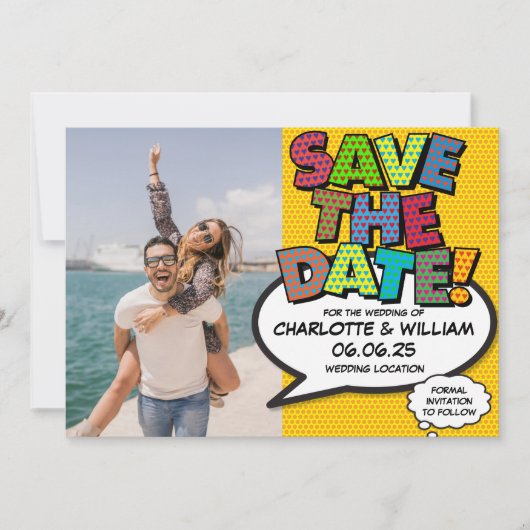 Foto bewaar de datum leuk retro strip popart save the date (Voorkant)