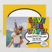 Foto bewaar de datum leuk retro strip popart save the date (Voorkant / Achterkant)
