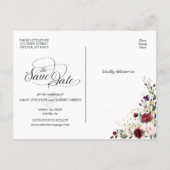 Foto Bewaar de datum met Bourgogne, roze bloemen Aankondigingskaart (Achterkant)