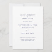 Foto Bewaar de datum met elegante blauwe typografi Save The Date (Achterkant)
